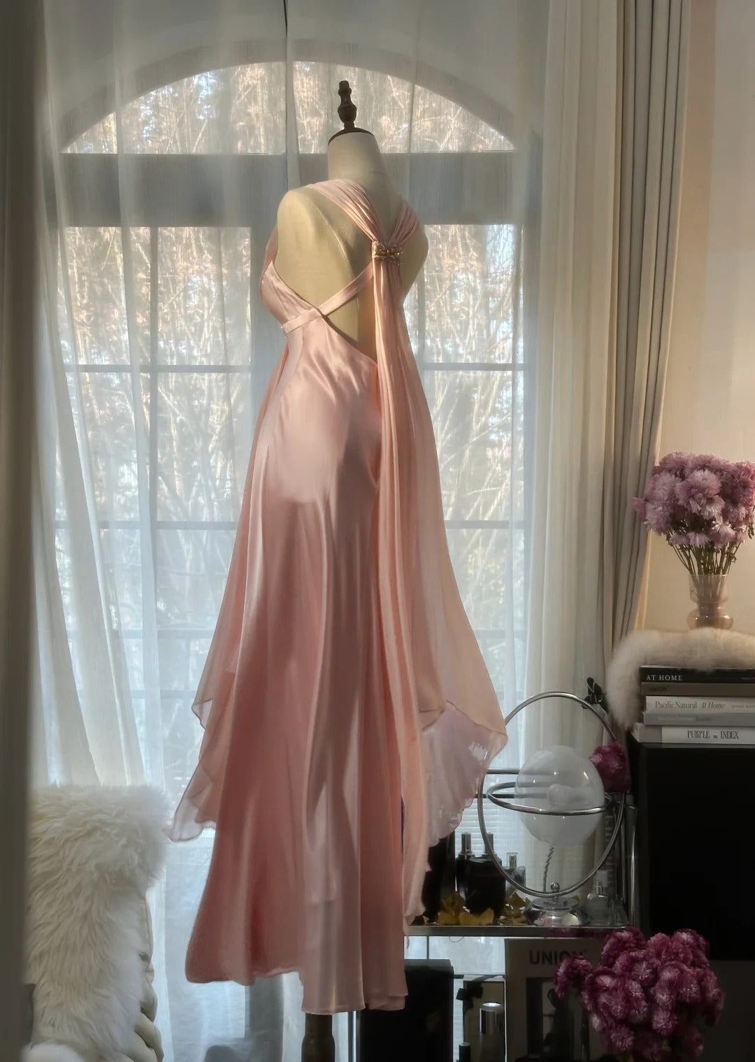 Rosa Elegante Exquisite Strass Lange Satin Chiffon Ballkleid Abendkleid Partykleid Geburtstagskleid Date Kleid gh4163