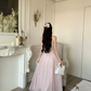 Women Romantic Light Pink Strapless Prom Dress Ruffle Bust Boned Corset Flowy Tulle Long Evening Gown gh9433