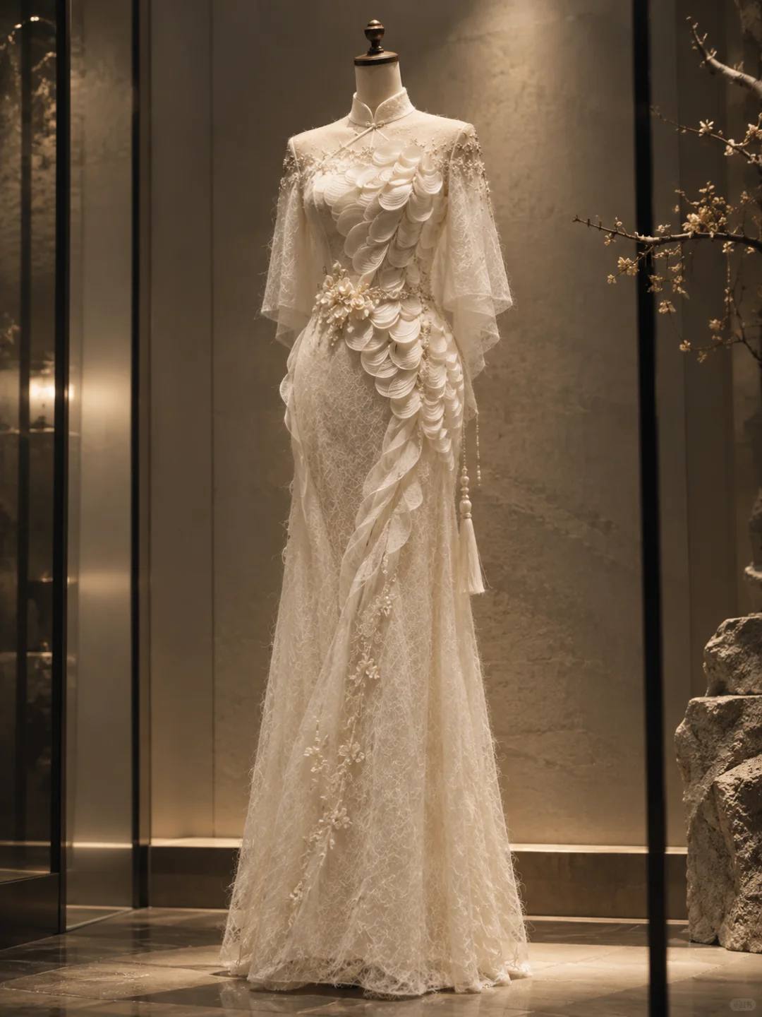 ✨Girlhomeshops-New Chinese Qipao Lace Wedding Gown, Mermaid 3D Petal Pearl Tassel Bridal Dress gh10340