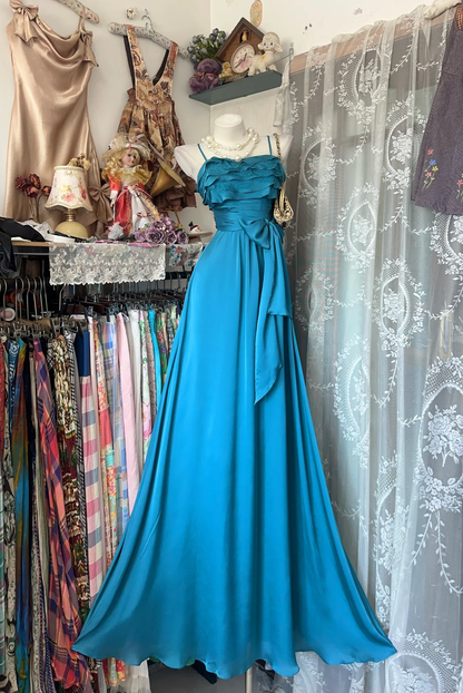 Elegant Vintage Turquoise Spaghetti Strap High Waist Fitted Long Prom & Evening Party Dress gh8490