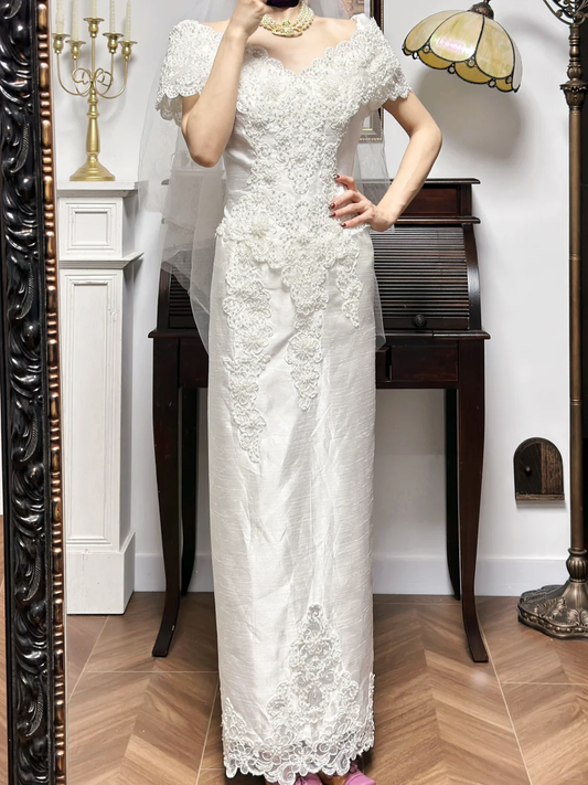 Ivory Vintage Off‑Shoulder Cap‑Sleeve 3D‑Floral‑Lace Textured‑Satin Sheath Floor‑Length Wedding Dress gh8789
