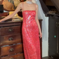 Bright Red Spaghetti Strap Square Neck All Over Sequin Sheath Long Evening Prom Dress gh9778