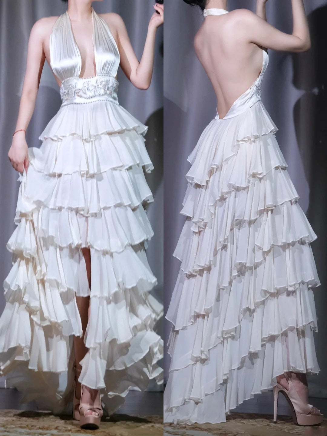 girlhomeshops-White exquisite retro elegant long chiffon multi-layered evening dress prom dress party dress gh5915