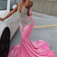 Pink beaded elegant mermaid long floor length tulle ball gown evening dress gh2427