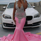 Pink beaded elegant mermaid long floor length tulle ball gown evening dress gh2427