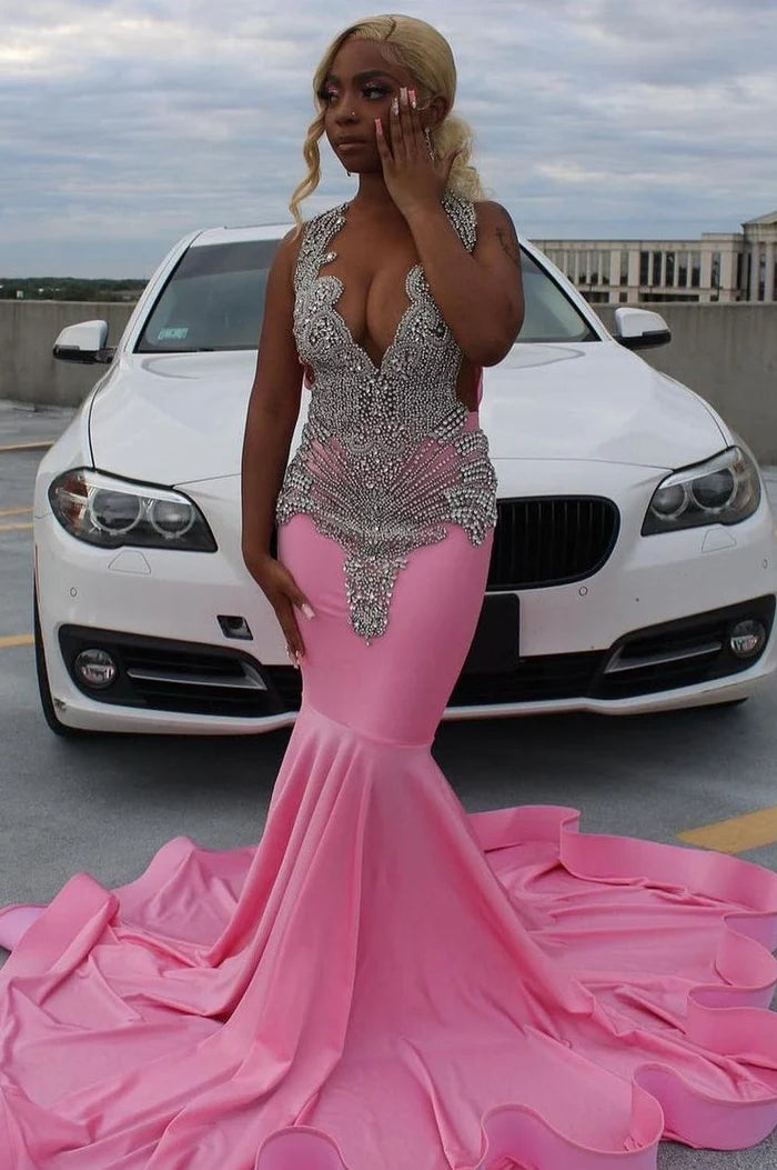 Pink beaded elegant mermaid long floor length tulle ball gown evening dress gh2427