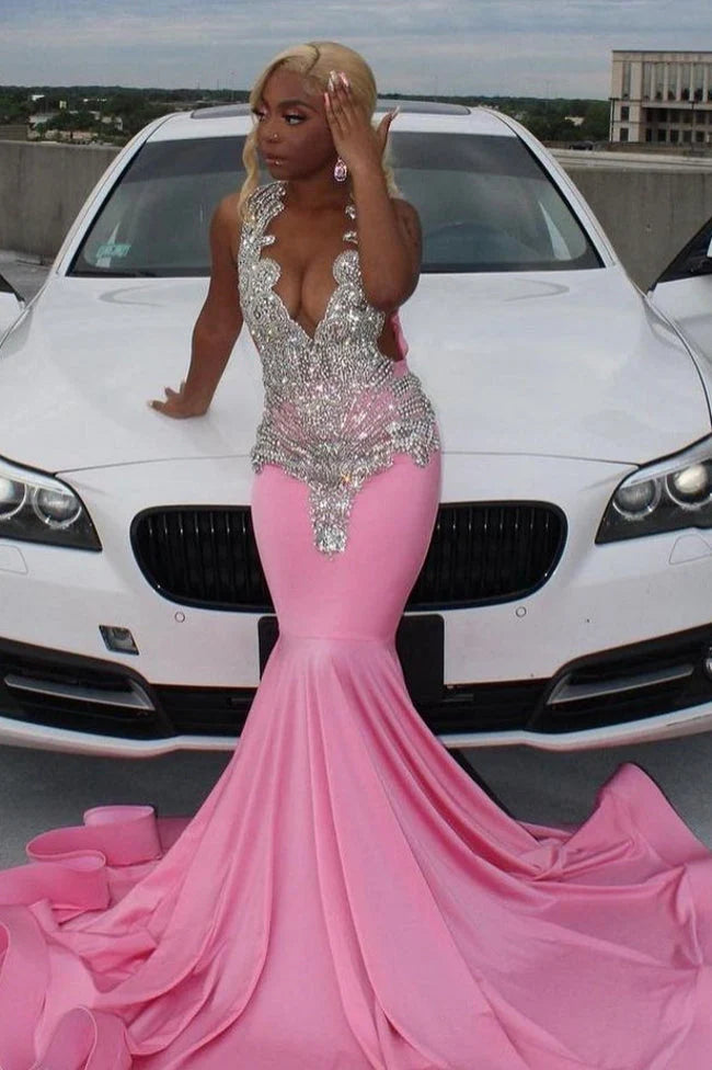 Pink beaded elegant mermaid long floor length tulle ball gown evening dress gh2427