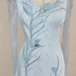 Abendkleid Hellblau Satin Transparent Langärmelig Perlenbesetztes Blumenmuster Bodenlanges Abendkleid gh6389