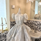 Silver Gray Puff Sleeve Waist-Cinched Voluminous Princess Skirt Long Romantic Dress, Wedding Gown gh7705