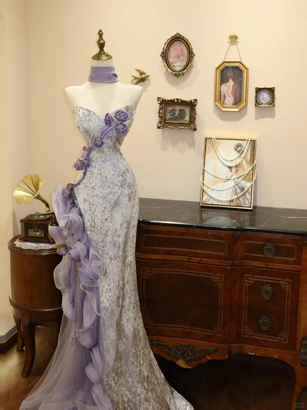 Robe de soirée longue en tulle violet, élégante et exquise, motif floral, gh3649