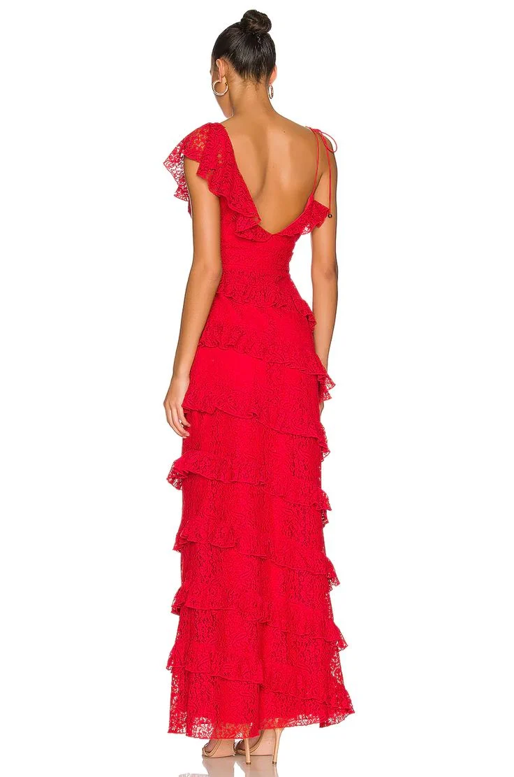 ✨Girlhomeshops-Sexy Sheath-Style Red Lace Ball Gown with Ruffles – Party Dress gh10166