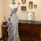 Robe de soirée longue en tulle violet, élégante et exquise, motif floral, gh3649