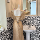 Gold Sequin Cape Collar Waist-Cinched Fitted Elegant Romantic Dress, Wedding Gown gh7526