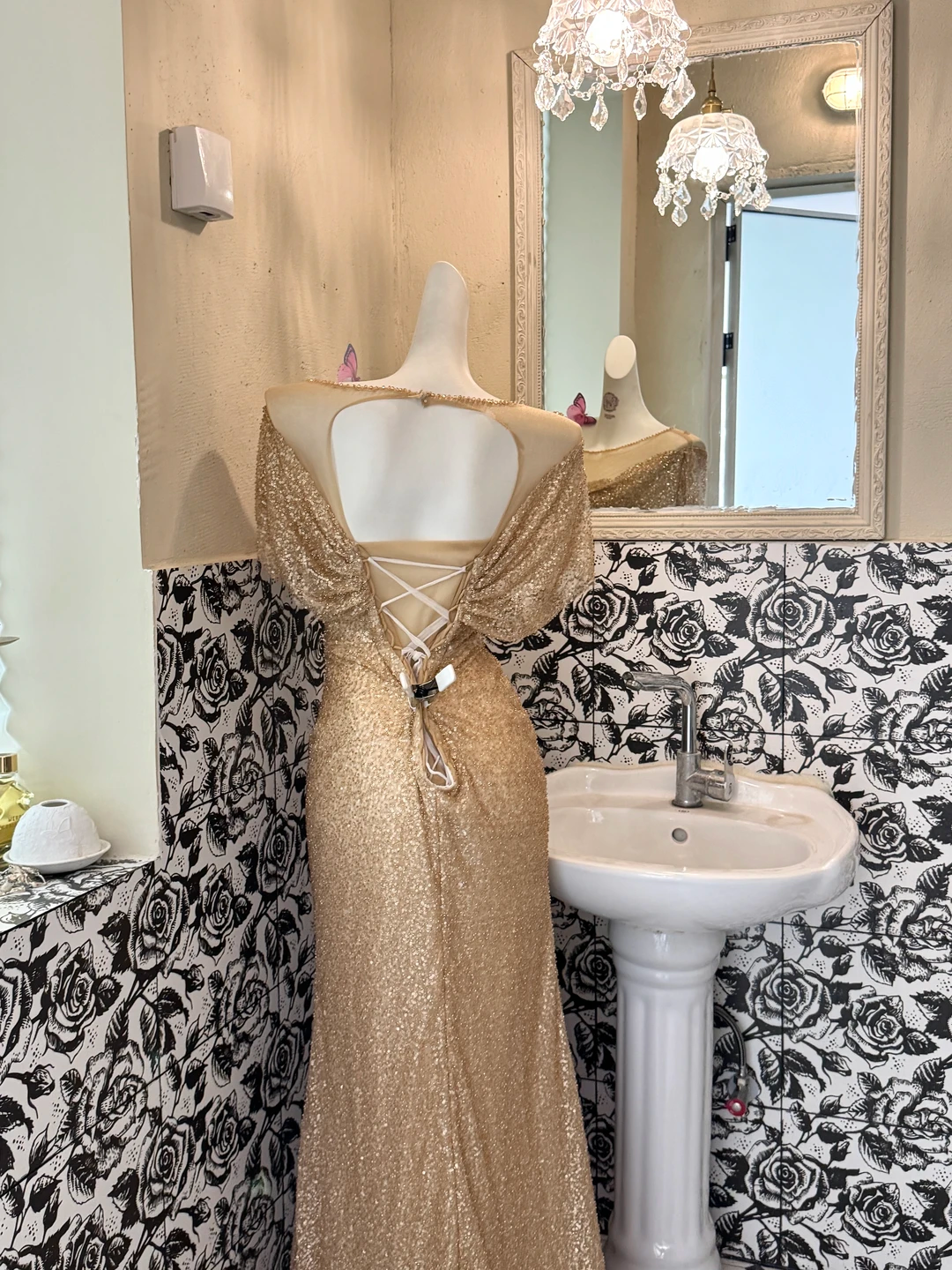 Gold Sequin Cape Collar Waist-Cinched Fitted Elegant Romantic Dress, Wedding Gown gh7526