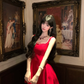 Women Glam Red Wide Strap Homecoming Dress Rhinestone Neck Cutout Back A-Line Flare Short Party Gown gh9436