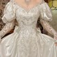 Off‑White Long Puff Sleeve Lace Palace‑Style Fitted Waist Figure‑Flattering Full Flared Skirt Long Vintage Prom Gown, Wedding Dress gh8604