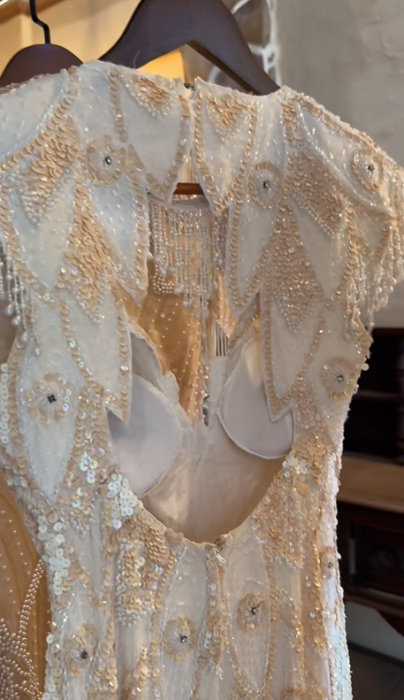 Ivory Gold Gatsby Vintage Mermaid Evening Gown, Beaded Tassel Neck Cutout Deep V Cap Sleeve Sequin Beaded Embroidery Formal Party Dress gh9068