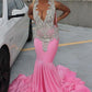 Pink beaded elegant mermaid long floor length tulle ball gown evening dress gh2427