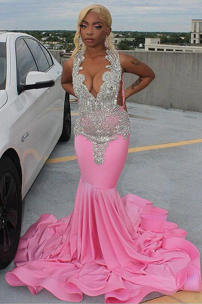 Pink beaded elegant mermaid long floor length tulle ball gown evening dress gh2427