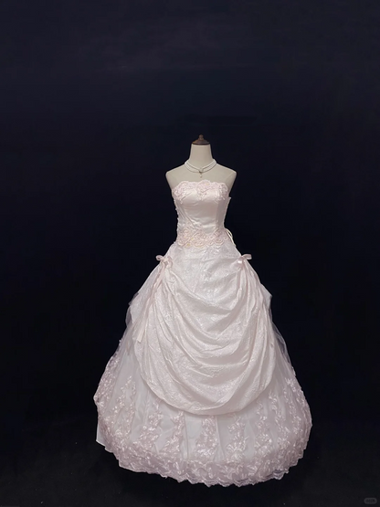 Blush Pink Strapless Romantic Gown With Lace, Cinched Waist & Vintage Voluminous Princess Skirt, Wedding Dress & Bridal Gown gh8142