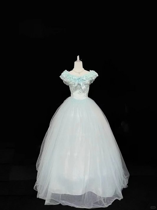 Light Blue Floral Neckline Cinched Waist Voluminous Skirt Romantic Dress, Wedding Gown gh8008