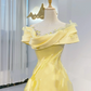 Light Yellow Asymmetric Neckline Waist-Cinched Fitted Long Evening Dress, Fairy Gown, Romantic Gown gh7390