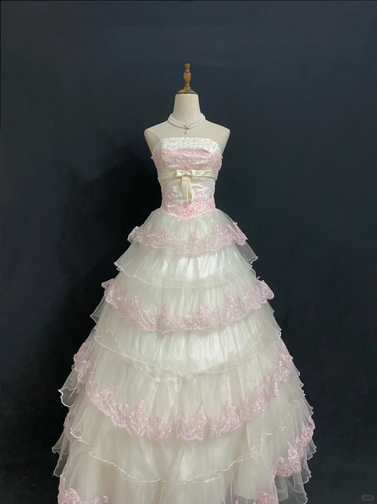 Blush Pink Strapless Romantic Gown with Embroidered Lace Trim, Fitted Waist and Fluffy Tiered Cake Skirt, Wedding Dress & Bridal Gown gh8323