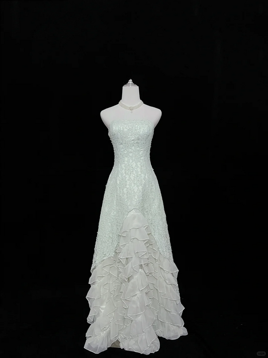 Light Green Strapless Embroidered Cinched Waist Slim Fit Elegant Long Romantic Dress, Wedding Gown gh8058
