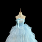 Light Blue Strapless Cinched Waist Voluminous Tiered Skirt Romantic Dress, Wedding Gown gh7962