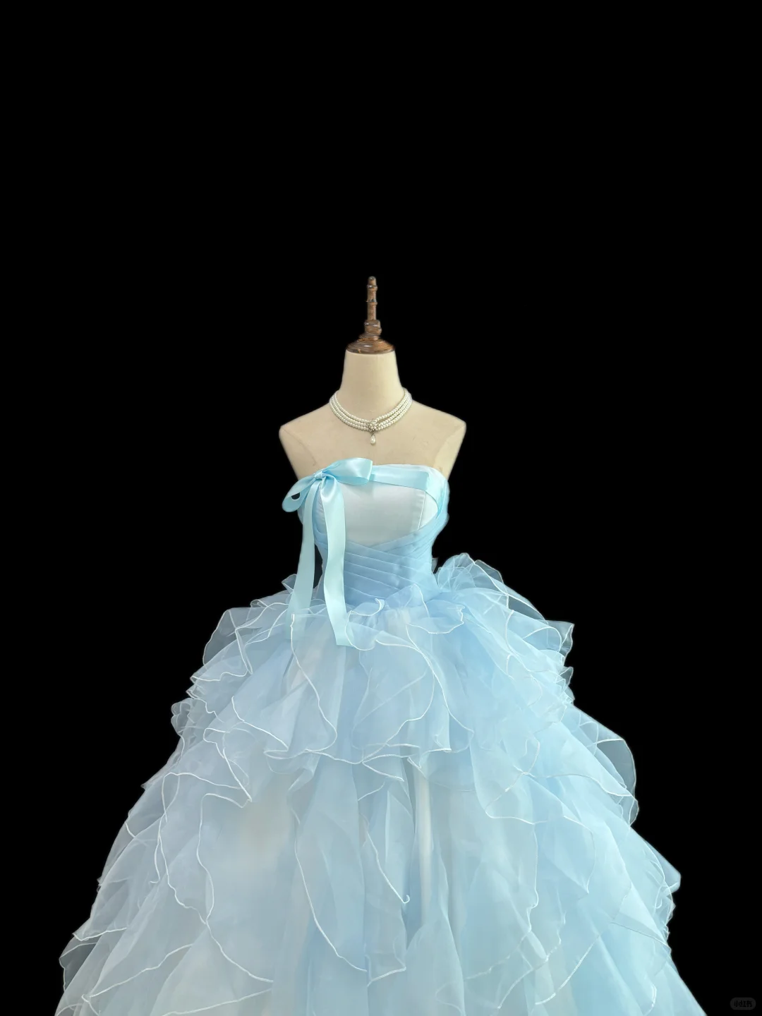 Light Blue Strapless Cinched Waist Voluminous Tiered Skirt Romantic Dress, Wedding Gown gh7962