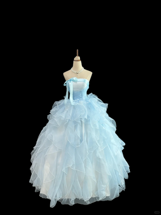 Light Blue Strapless Cinched Waist Voluminous Tiered Skirt Romantic Dress, Wedding Gown gh7962