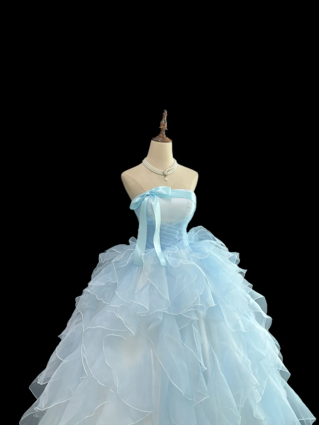 Light Blue Strapless Cinched Waist Voluminous Tiered Skirt Romantic Dress, Wedding Gown gh7962
