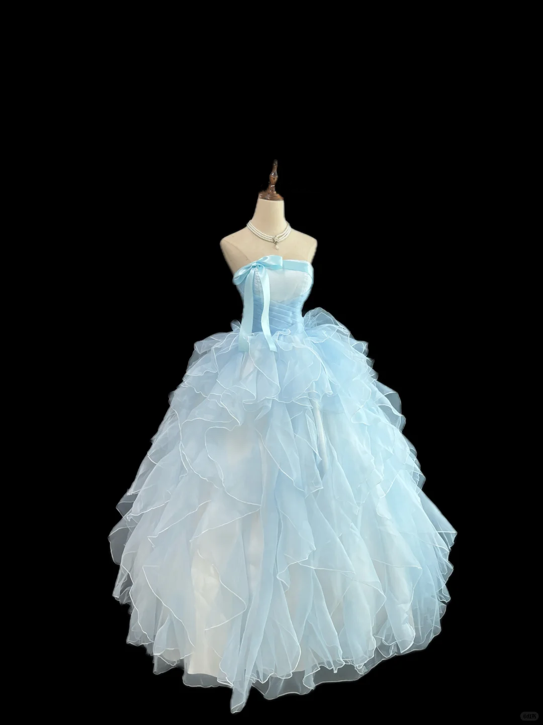 Light Blue Strapless Cinched Waist Voluminous Tiered Skirt Romantic Dress, Wedding Gown gh7962