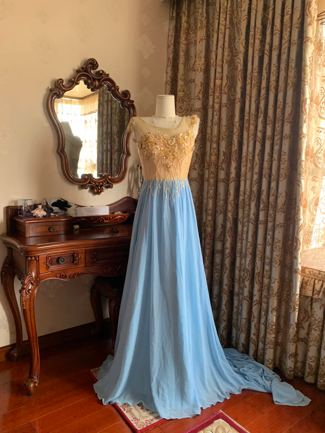 Orange Bodice Spliced Light Blue Skirt Prom Gown, Evening Formal Dress gh7243