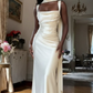 White Satin Spaghetti Straps Waist-Cinched Fitted Elegant Prom Dress, Evening Gown gh7300