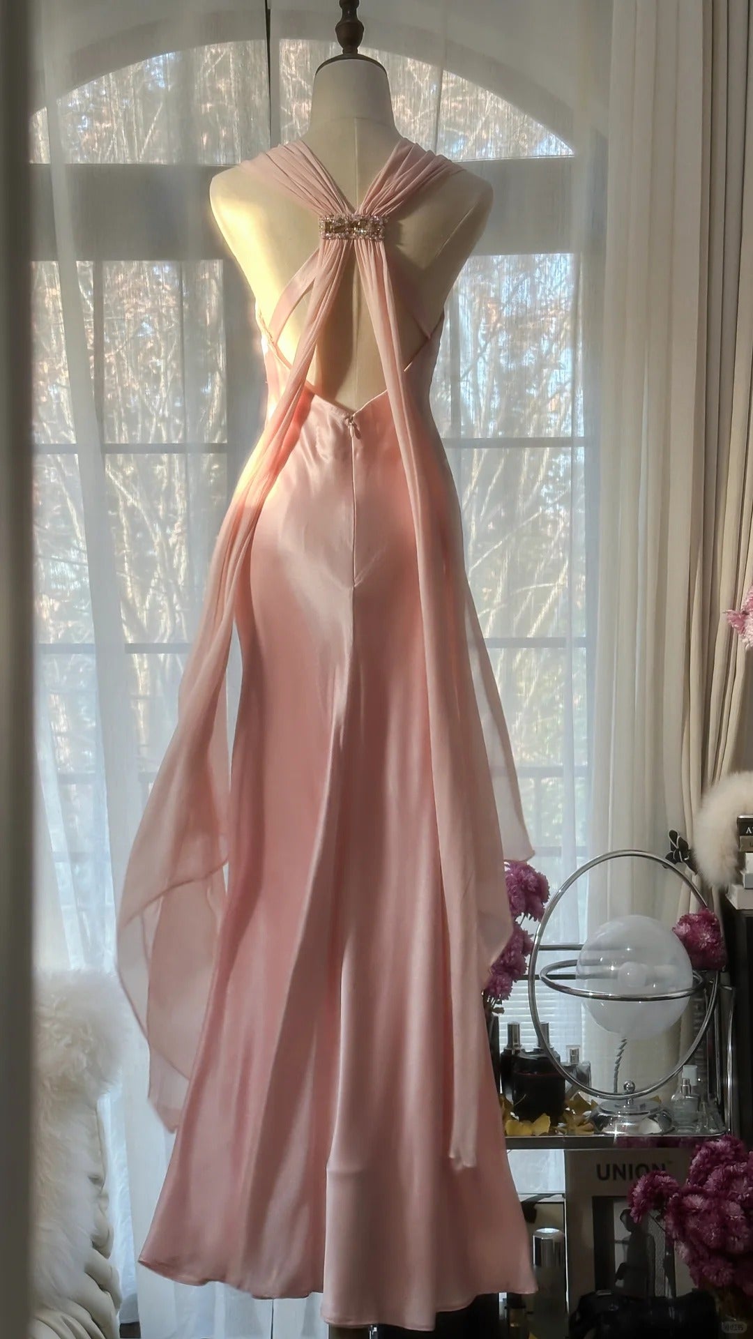 Rosa Elegante Exquisite Strass Lange Satin Chiffon Ballkleid Abendkleid Partykleid Geburtstagskleid Date Kleid gh4163