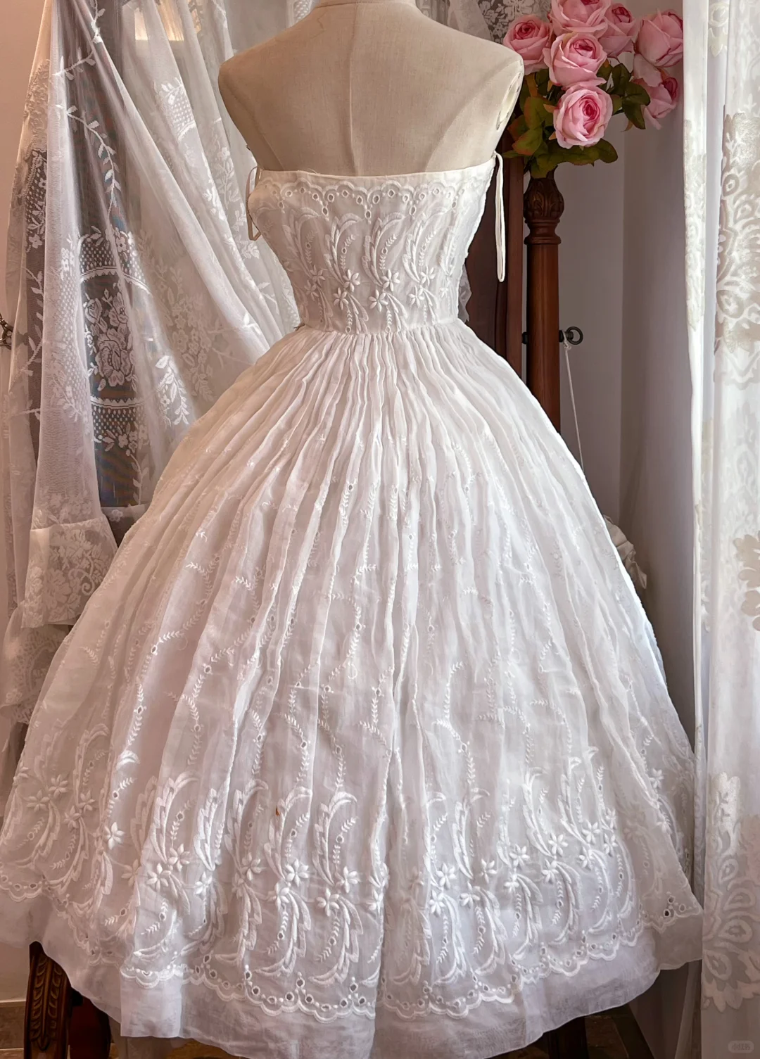 White Vintage Strapless Embroidered Midi Gown, A-Line Party Dress gh9306