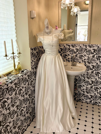 White Satin Off-the-Shoulder Waist-Cinched Long Elegant Romantic Dress, Wedding Gown gh7579