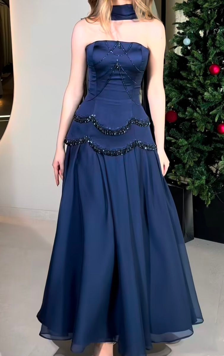 girlhomeshops-Elegant and exquisite navy blue long tulle prom dress gh5776