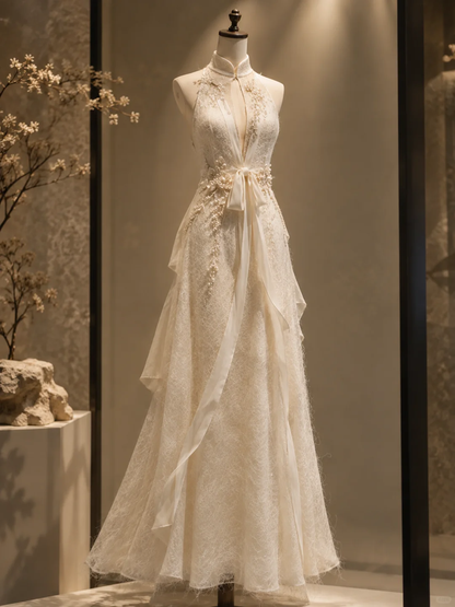 ✨Girlhomeshops-New Chinese Halter High Neck Lace Wedding Gown, Beaded Floral Bridal Dress with Bow gh10335
