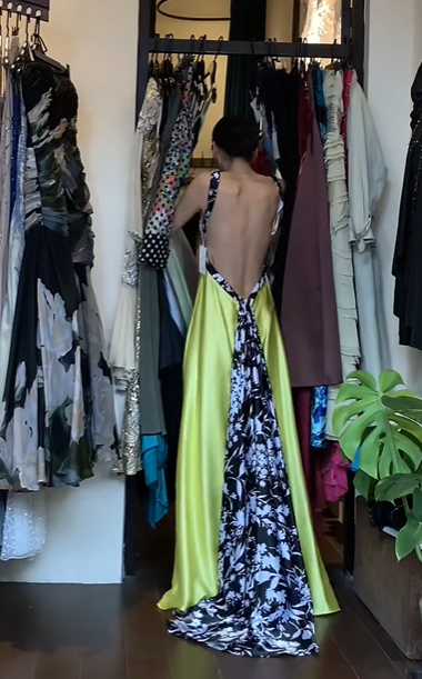 Lemon Yellow Sweetheart Neck Long Formal Gown Printed Wide Strap Satin A-Line Evening Dress gh9665