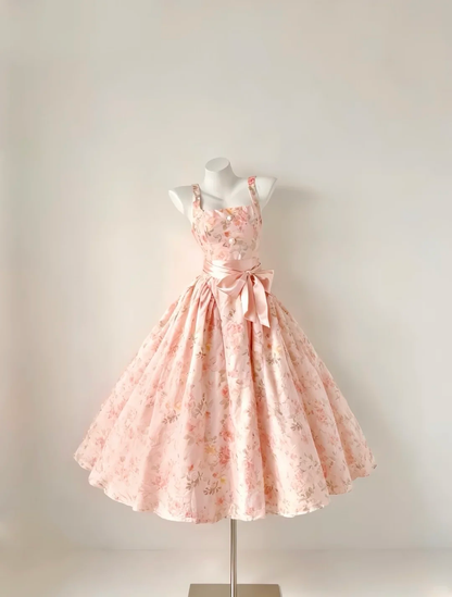 Light Pink Square Neck Spaghetti Strap Vintage Homecoming Dress Floral Print Full Skirt Cocktail Gown gh9401