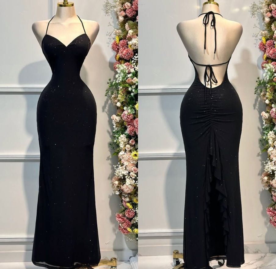 Robe de soirée longue en satin noir brillant avec bretelles sexy gh4940