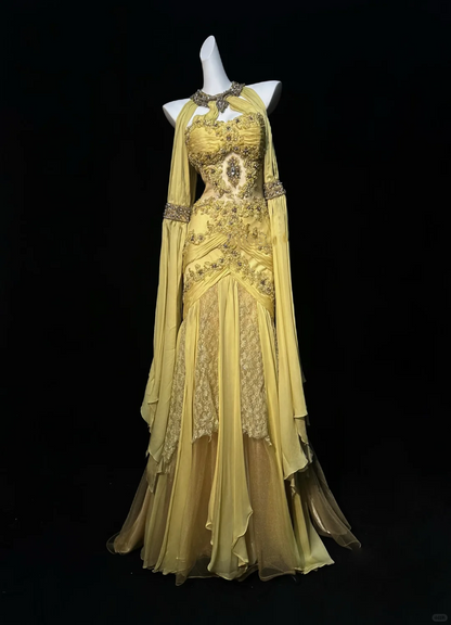 Halter Golden Yellow Prom Dress Sheer Bodice Rhinestone Floral Embroidery Tiered Chiffon Mermaid Formal Gown gh9554