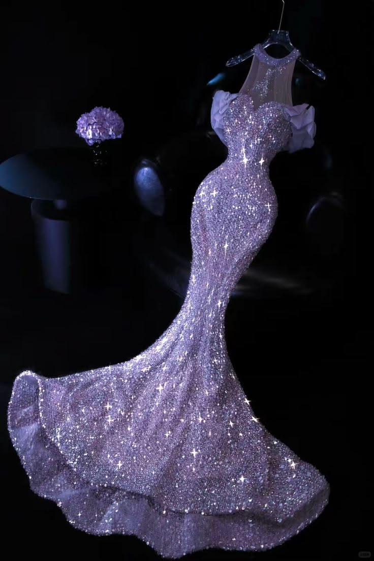 ✨Girlhomeshops-Lavender Sparkly Mermaid Prom Dress 3D Floral Halter Gown gh10185