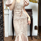 Light Pink Vintage Satin Lace Prom Gown, V‑Neck Puff Short Sleeves, Lace Tassel Cutout Fitted Waist, Lace‑Satin Mermaid Skirt, Evening Prom Dress gh8731