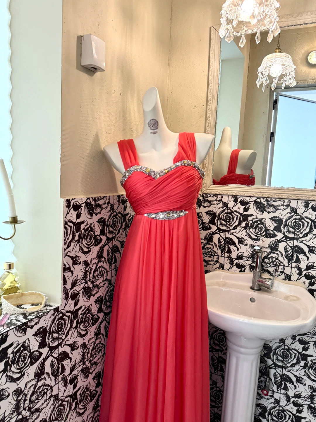 Pink Spaghetti Strap High Waist Silver Embellished Sexy Elegant Romantic Dress, Wedding Gown gh7585