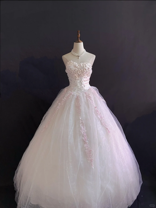 Blush Pink Floral Strapless Romantic Gown, Cinched Waist & Voluminous Princess Skirt, Wedding Dress & Bridal Gown gh8228