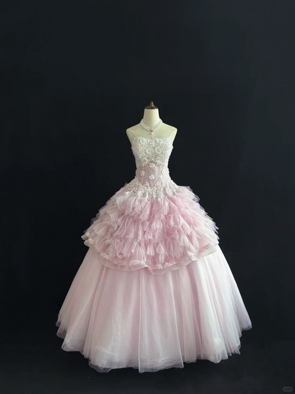 Pink Strapless Romantic Dress With Lace, Cinched Waist, Voluminous Elegant Vintage Skirt, Wedding Gown gh8098