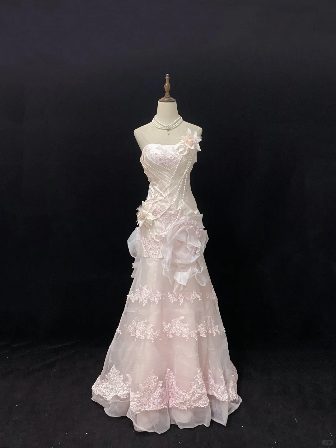 Blush Pink Strapless Long Romantic Gown, Floral Embroidery, Cinched Waist & Slim Bodycon Fit, Wedding Dress & Bridal Gown gh8143